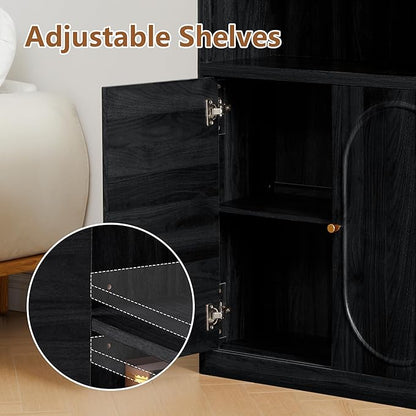 70.8" Tall Fluted Bookshelf with Storage Cabinet Set of 2, Modern 5-Tier Wood Bookcase with Open Display Storage Shelf, Gold Handles for Office Living Room (Black)