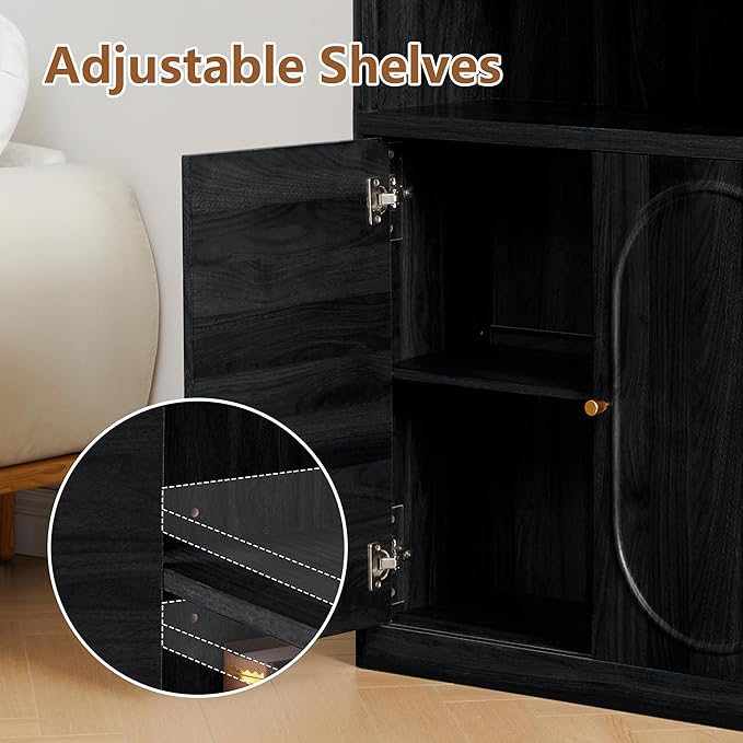 70.8" Tall Fluted Bookshelf with Storage Cabinet, Modern 5-Tier Wood Bookcase with Open Display Storage Shelf, Gold Handles for Office Living Room (Black)