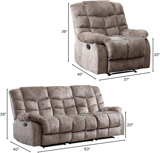 CANMOV Manual Reclining Sofa Set,2 Pieces Sofa Furniture Set for Living Room, Manual Recliner Sofa and Recliner Chair with Arms for Living Room, Bedroom, Light Brown (1+3)