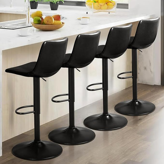 Lemebri Bar Stools Set of 4, Modern Adjustable Swivel Barstools Counter Height with Backrest, Faux Leather Upholstered Bar Chair for Kitchen Island, Whisky, Black
