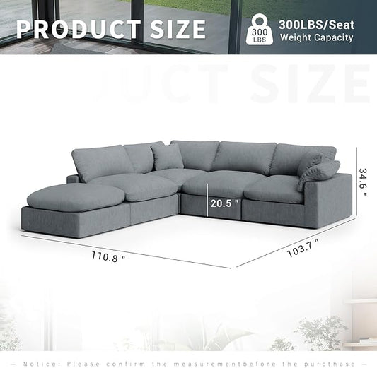 Modular Sectional Sofa Cloud Couch,Down Filled Comfy Cloud Modern Sofa,Oversized Couch Cushion Covers Removable for Living Room,Light Blue