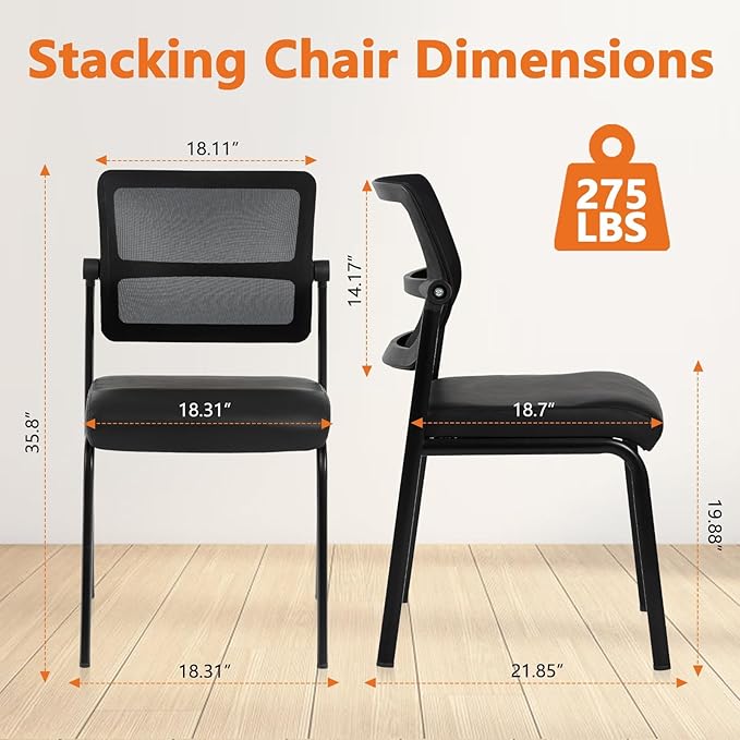 CLATINA Stacking Waiting Room Chairs, Adjustable Mesh Backrest Armless Office Guest Reception Chair with Ergonomic Lumbar Support and Leather Cushion for Conference Lobby Side School Classroom,4PK