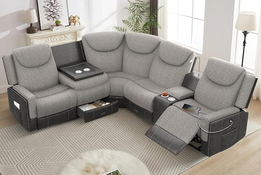 Home Theater Seating, Manual Recliner Sectional Sofa for Living Room, 5 Seater Reclining Sectional Couch with Flip-Up Backrest, Storage Console, USB Ports, Grey Linen & Chocolate Leather