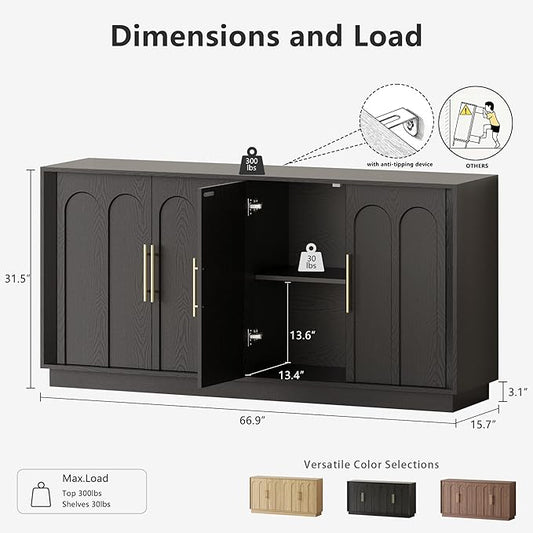 Sideboard Buffet Cabinet with Storage, Modern Accent Cabinet with Arched Doors, 67" Large Modular Media Console, Minimalist Credenza for Living Room Kitchen Dining Room Entryway, Black