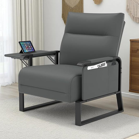 Upholstered Accent Chair, Modern Faux Leather Sofa Chair with Foldable Side Tray Table & Storage Pocket, Small Accent Sofa for Living Room, Bedroom, Reception Room, Gray