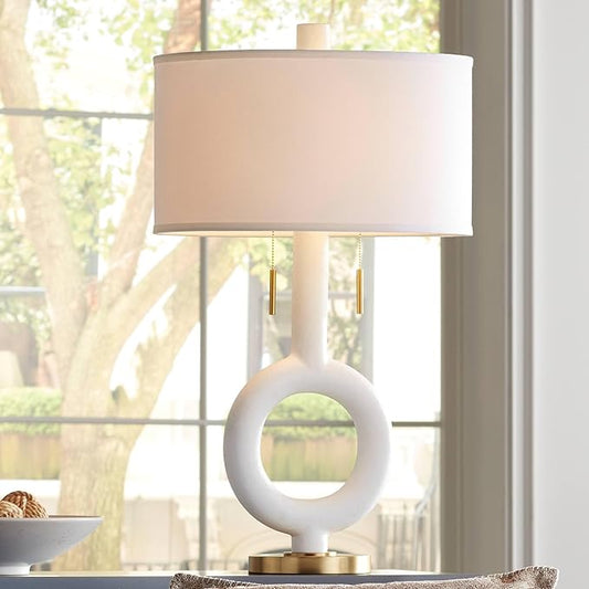 Possini Euro Design Athena 30 3/4" Tall Open Circle Large Mid Century Modern End Table Sculptural Lamp Pull Chain White Finish White Shade Living Room Bedroom Bedside Nightstand House Office Home