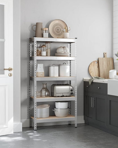 SONGMICS 5-Tier Storage Shelves, Load 2310 lb, Garage Storage, Boltless Assembly, Adjustable Shelving Unit, 11.8 x 29.5 x 59.1 Inches, for Study Shed Basement, Silver and Natural Beige UGLR300E01