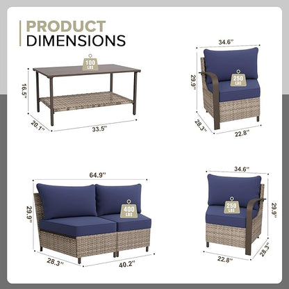 COOS BAY Aurora Terrace Half-Moon Outdoor Furniture Set, Rattan Conversation Set with Curved 4-Seat Sofa, Coffee Table, Seats 4, Beige/Blue