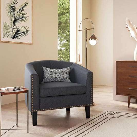 BELLEZE Accent Barrel Chair Set of 2, Modern Tub Club Chair Upholstered Armchair with Gold Nail Head Trim and Black Legs for Living Room Bedroom Apartment Lounge - Gray/Linen