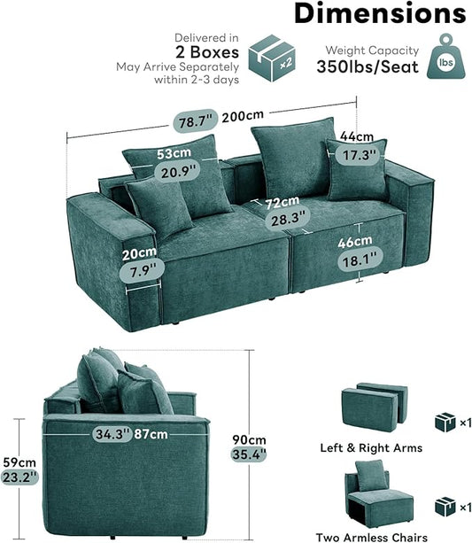 WILLOVE 78'' Modular Sectional Sofa, Chenille Cloud Couch with Wide Armrests & 4 Pillows, Deep Seat Couches for Living Room, Green