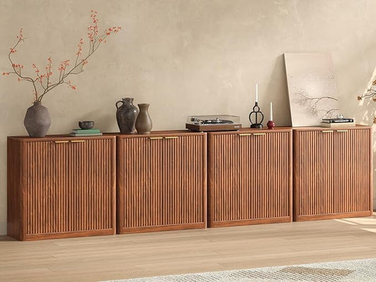 Evermagin 126" Walnut Buffet Cabinet with Storage, Large Sideboard Cabinet, Mid Century Modern Accent Credenza, Fluted Console Table with Doors for Dining Room, Kitchen, and Living Room