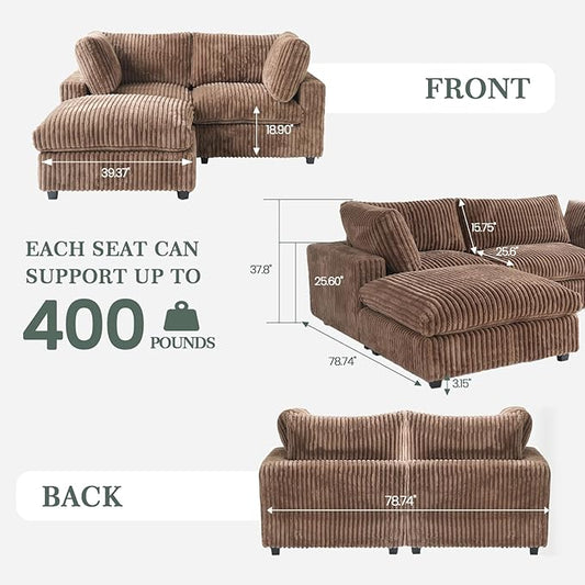 Modular Sectional Sofa, L Shaped Sofa with Ottoman, 78.74" Oversized Loveseat, Plush Deep Seat Sleeper Couches for Living Room, Apartment, Couch Cushion Covers Removable, Brown