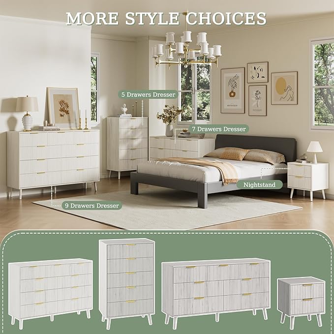 LYNSOM Fluted Dresser and Nightstand Set, 3 Pieces Bedroom Set, 55 Inch Wide 7-Drawer Dresser & 2-Drawer Nightstands Set of 2, Modern Dressers Set for Bedroom, Hallway, White