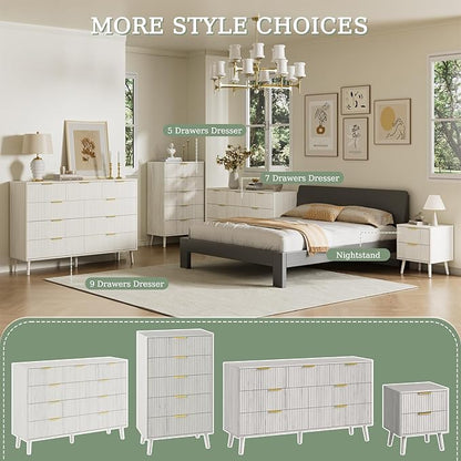 LYNSOM Fluted Dresser and Nightstand Set, 3 Pieces Bedroom Set, 55 Inch Wide 7-Drawer Dresser & 2-Drawer Nightstands Set of 2, Modern Dressers Set for Bedroom, Hallway, White