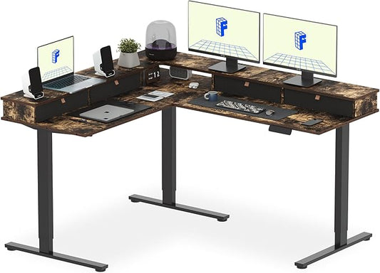 FLEXISPOT 63" L Shaped Standing Desk Electric Corner Table with Shelf, 4 Storage Drawers, Adjustable Computer Workstation for Home, Office, Game, Studio, Rustic Brown Top + Black Frame