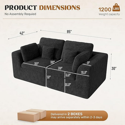 Loveseat Sofa, Cloud Boneless Couches for Living Room, 2 Seater Modular Sectional Sofa,Oversized,Black Chenille