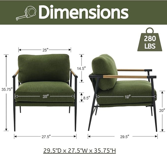 LukeAlon Mid-Century Linen Accent Chair, Ultra Soft Living Room Chair with Metal Legs Modern Armchair Reading Nook Chair Lounge Chair Upholstered Comfy Leisure Chair for Bedroom Waiting Room, Green