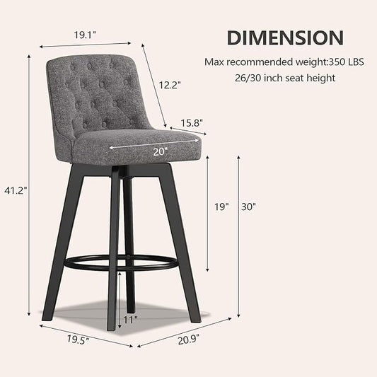 MINCETA Bar Stool, 30 Inch Upholstered Barstool with Low Tufted Back and Footrest, Swivel Counter Height Barstool for Kitchen Island Home Bar Performance Fabric Gray