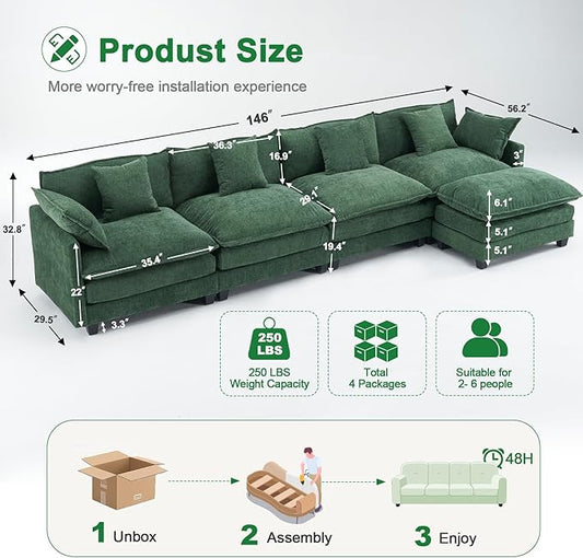 U-Shaped Cloud Chenille Sectional with 2 Ottomans, 146" Modular Sofa for Large Spaces, Ultimate Comfort with Deep Seats & Pillows, Solid Frame, 1YR Warranty