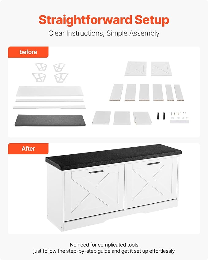 VEVOR Shoe Storage Bench with 2 Flip Drawers & Padded Cushion, Entryway Bench with Adjustable Shelves, Holds up to 440 lbs, 39.4 x 12.0 x 18.7 Inches, for Entryway, Hallway, Living Room, Bedroom