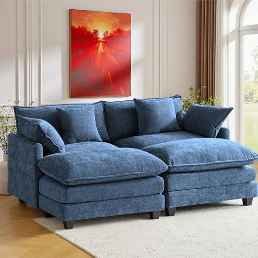 Expandable L-Shaped Sectional Sofa with Ottoman for Apartments, 77" Cloud Chenille Sofa, Create a U-Shape Layout with Optional 2nd Ottoman, Solid Wood Frame, Easy Assembly