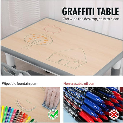 UNICOO Kids Table and Chairs Set, Height Adjustable Toddler Study Table and Chairs, Arts & Crafts Table, Suitable for Ages 2-10, Childrens Activity Table, Preschool Furniture (BY-60-MGY)