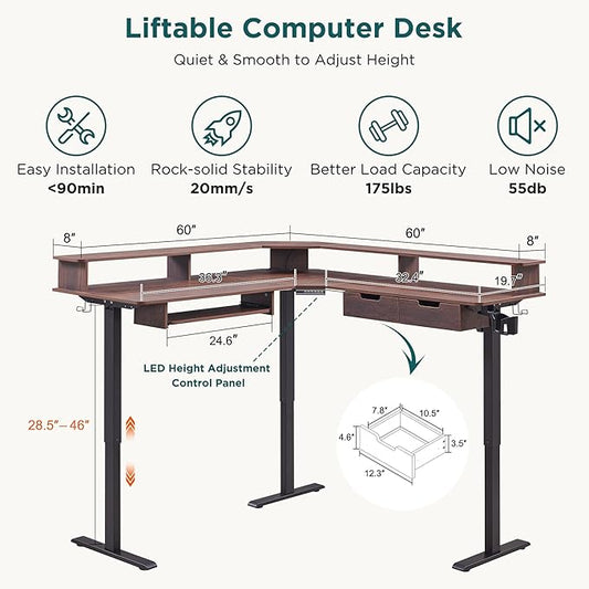 RedLemon 60 Inches L Shaped Electric Standing Desk, Height Adjustable Corner Gaming Desk with Drawers, Keyboard Tray, Power Outlets & LED Lights, Computer Desk with Monitor Shelf, Dark Walnut