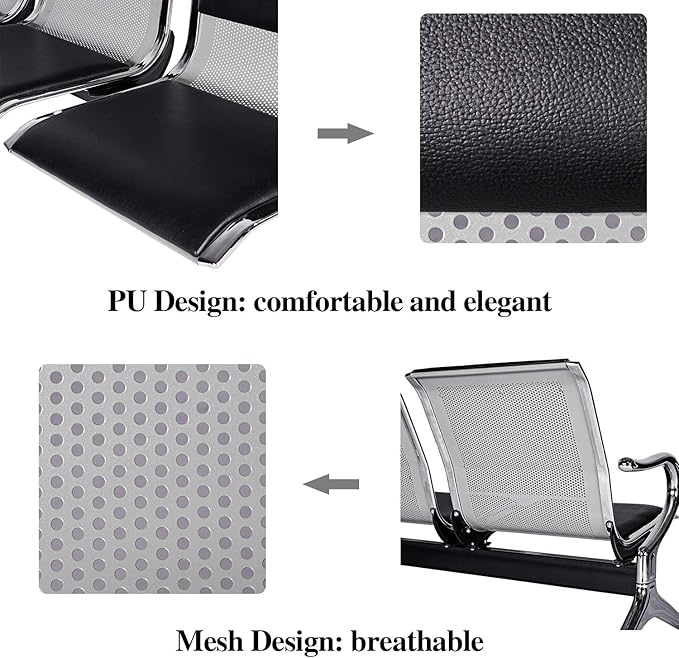 Kinsuite 2-Seat Waiting Room Bench - PU Leather Waiting Room Chairs with Arms & Non-Slip Foot Mats, Reception Chairs Guest Chair for Office Airport Bank Salon, Black