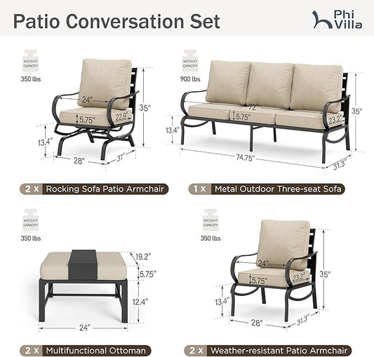 PHI VILLA 7 PCS Outdoor Patio Furniture Set with 2*C-Base Chairs, 1 * 3 Seater Padded Deep Seating Bench Sofa, 2*Padded Armrest Leg Chairs and 2*Metal Cushioned Ottoman for 7 Person