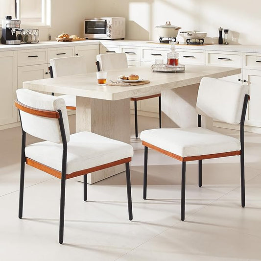 Modern Dining Chairs Set of 4, Kitchen Chairs with Thick Cushions and Adjustable Foot Pads, Upholstered Fabric Dining Room Chairs with Sturdy Metal Legs,White