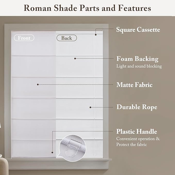 Madison Park Galen Matte White Cordless Roman Shades - Fabric Privacy Single Panel Darkening, Energy Efficient, Thermal Insulated Window Blind Treatment, for Home, Living Room Decor, 33" W x 64" H
