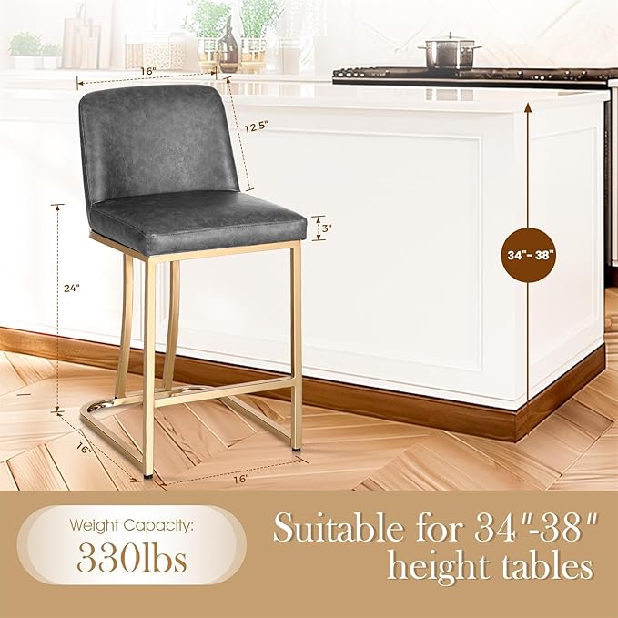 Sophia & William Counter Height Bar Stools Set of 4, Gold Bar Stools for Kitchen Island, Modern PU Leather Counter Stools,Grey & Gold