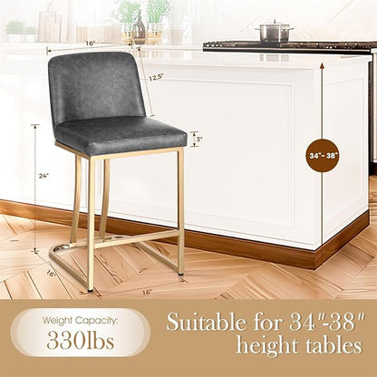 Sophia & William Counter Height Bar Stools, 24" Bar Stools with Back for Kitchen Counter, Modern PU Leather Kitchen Counter Stools,Grey Gold