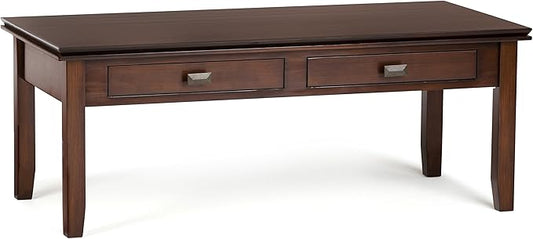 SIMPLIHOME Artisan Coffee Table - 46 inch Wide Solid Wood Transitional Cocktail Table in Russet Brown, Classic Living Room Table with 2 Drawers, Open Shelf, and Square Brushed Nickel Knobs