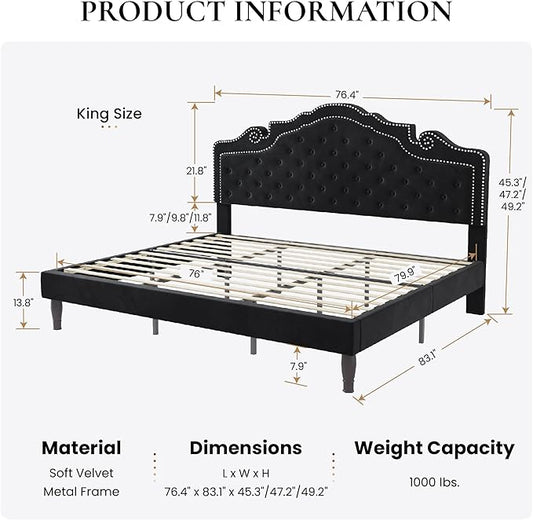 SHA CERLIN King Size Platfrom Bed Frame with Adjustable Headboard/Velvet Upholstered Diamond Button Tufted and Metal Studs/No Box Spring Needed/Easy Assembly/Wooden Slat Support/Black