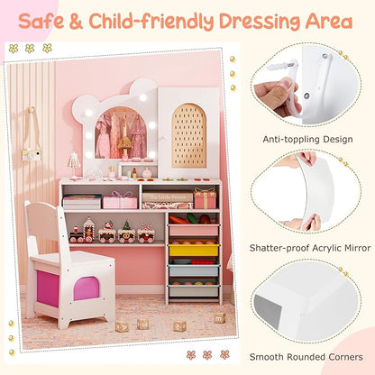 Costzon Kids Vanity with Lights, Girls Vanity Set with Mirror, Storage Drawers, Cabinet & Shelves, Toddler Makeup Vanity Desk Dressing Table, Wooden Kids Vanity Table and Chair Set (White)