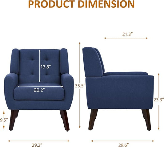 Accent Chairs Set of 2, Mid-Century Modern Upholstered Armchair, Comfy Fabric Living Room Chairs Reading Chairs with Button Tufted Back & Solid Wood Legs for Bedroom, Office, Blue