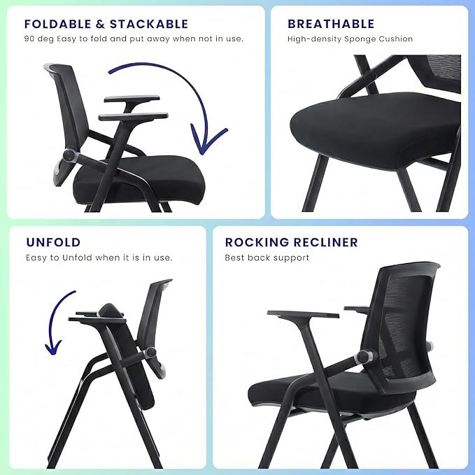 30 Pack Stackable Conference Room Chairs with Paddle Folding Office Chair Foldable Desk Chair Mesh Back and Arms for Conference Meeting Guest Reception Home Office Training Room Chair Black