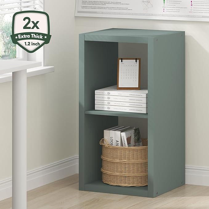 Furinno Cubicle Book Shelf, 2-Cube Thick Frame Bookshelf, Horizontally & Vertically Reversible Bookcase with Open Back, 14.6" x 15.9" x 30", for Living Room, Bedroom, Home Office, Sage Green
