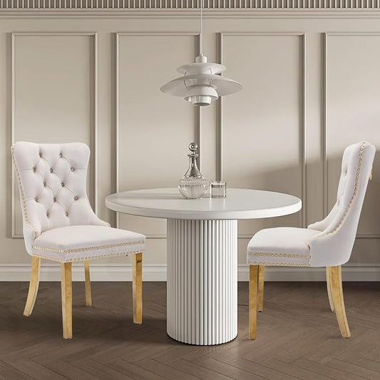 Velvet Upholstered Dining Chairs Set of 2, Modern Style Kitchen Side Chairs with Nailhead Trim and Gold Plated Leg, Metal Pulling Ring for Dining Room Living Room(Beige-Gold Plated Leg)