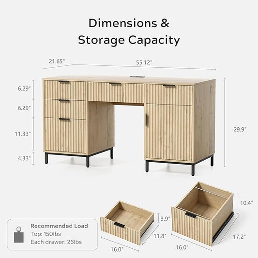 55" Fluted Executive Desk, Modern Wood Home Office Desk with Charging Station, Keyboard Tray, File Drawer, Storage Cabinet for Work Study Writing Desk, Light Oak
