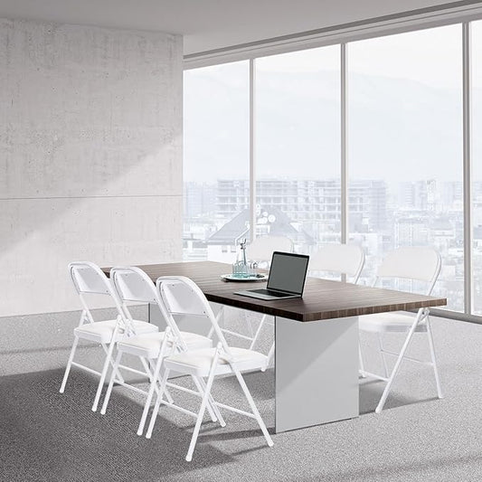 6 Pack Folding Chairs with Padded Seats, Padded Folding Chair with Steel Frame for Events Home Office, Pu Leather Folding Chair White