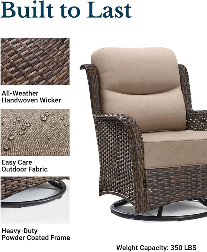 HILLGA Luxury Outdoor Swivel Rocker Patio Chairs of 2 with 6 Inch Thick Cushions and Side Table, Swivel Outdoor Chairs 5PCS High Back Wicker Patio Furniture Set for Porch, Balcony, Deck in Beige