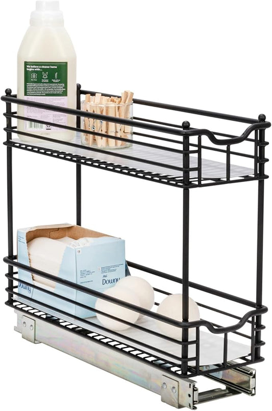Household Essentials Glidez Multipurpose Paint-Finished Steel Pull-Out/Slide-Out Storage Organizer with Plastic Liners for Under Cabinet Use - 2-Tier Design, Black