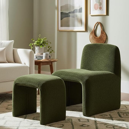 Accent Reading Chair with Ottoman, Chenille Upholstered Comfy Armless Accent Chair with Footrest Modern Side Lounge Chair for Living Room Bedroom, Moss Green