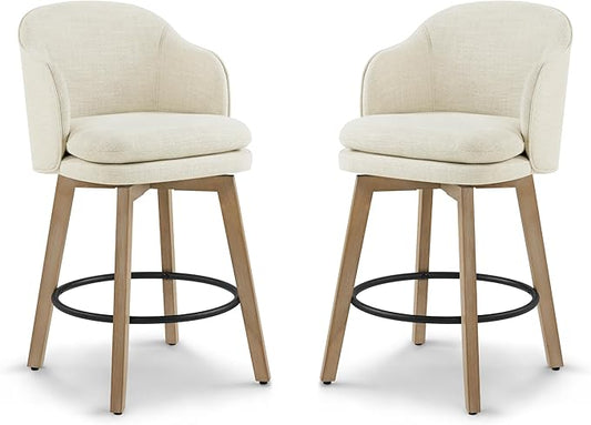 Counter Height Barstools 26 inch Upholstered Swivel Bar Stools with Back and Wood Legs for Kitchen Island,Set of 2,Linen Fabric