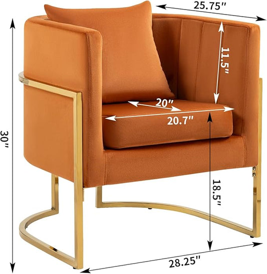 Velvet Modern Accent Chairs Set of 2, Upholstered Barrel Armchair Mid Century with Pillow for Living Room, Comfy Single Vanity Chair with Metal Gold Legs for Bedroom, Orange