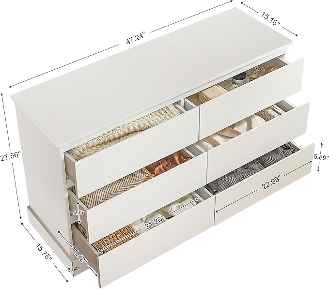 White Bedroom Dresser Modern 6 Drawers Dressers Wood Organizer Wide Dresser & Chest of Drawers Storage for Living Room, Entryway, Hallway