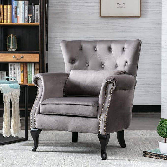 chairus Mid-Century Modern Accent Chairs Set of 2, Comfy Tufted Single Sofa Chair Wingback Armchair with Pillow for Club, Living Room, Bedroom - Velvet, Grey