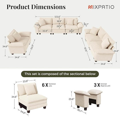 U-Shaped Cloud Modular Sofa Set, Deep Seat 3-Piece 6-Seater Sectional Couch & Removable Arms, Plush Corduroy for Living Room - Beige